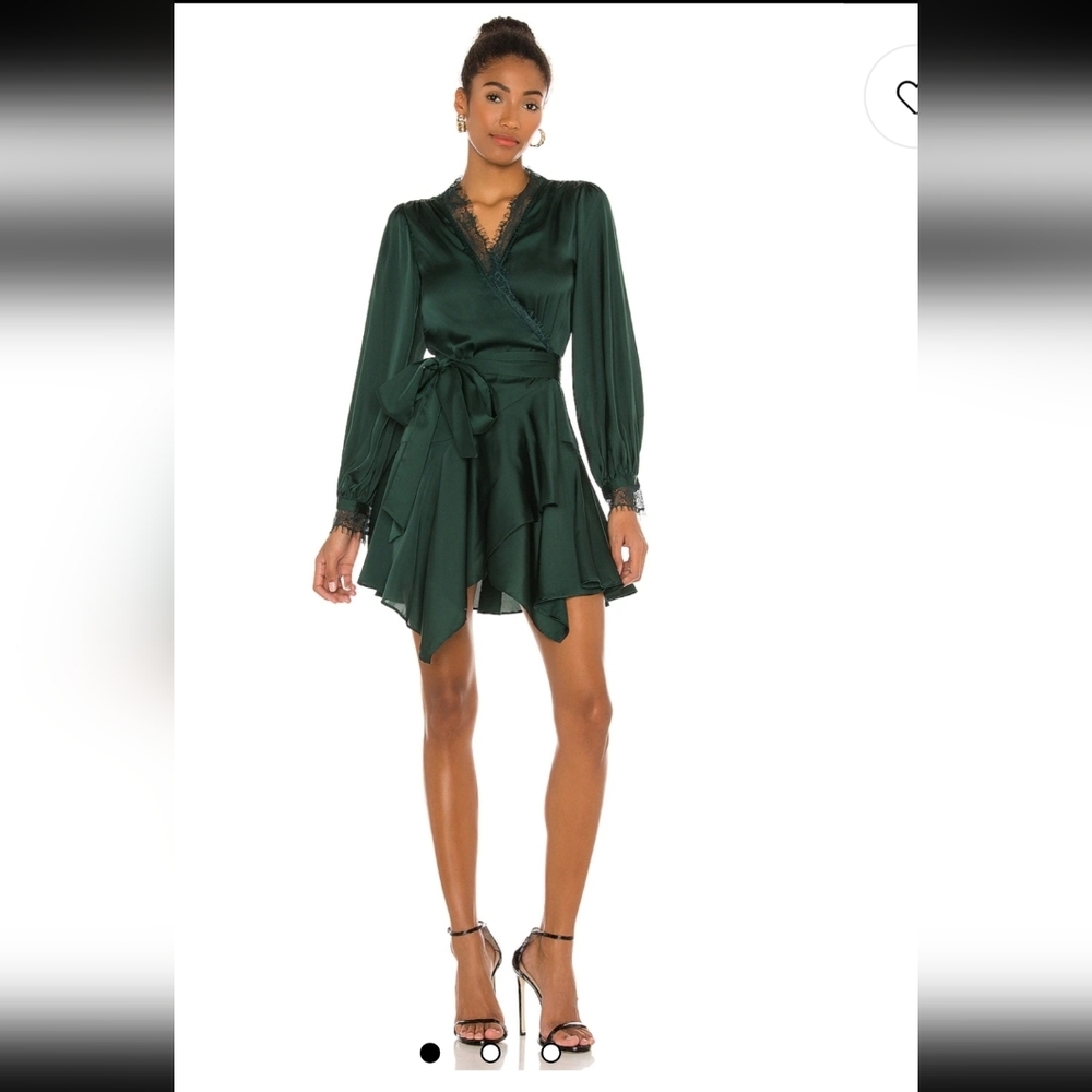 Lovers + Friends Nadine Emerald Green Lace Trim Wrap Dress Long Sleeve